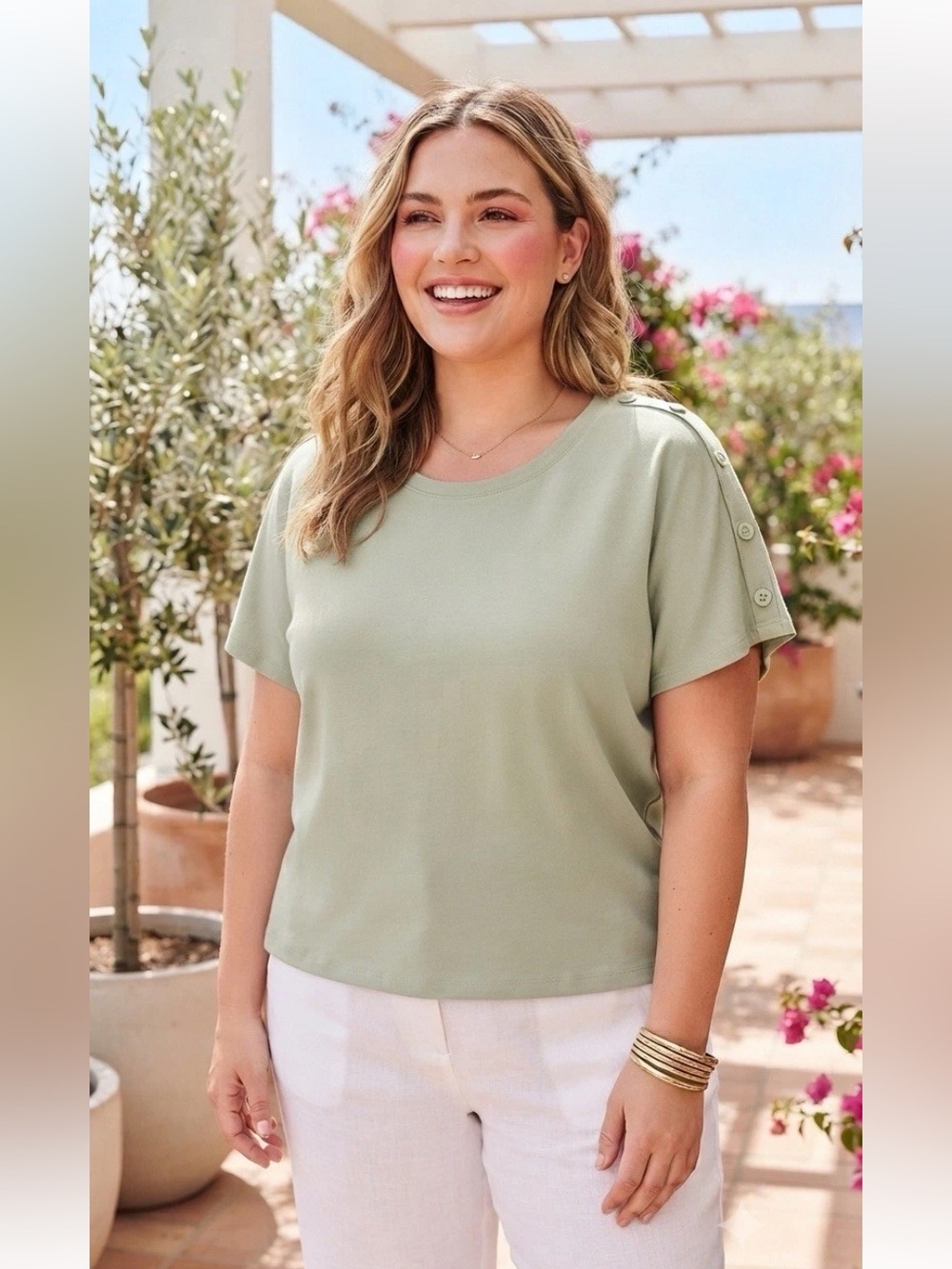 Denim & Co.® Women's Button Shoulder Top Sage Green Cotton Size 1X NEW